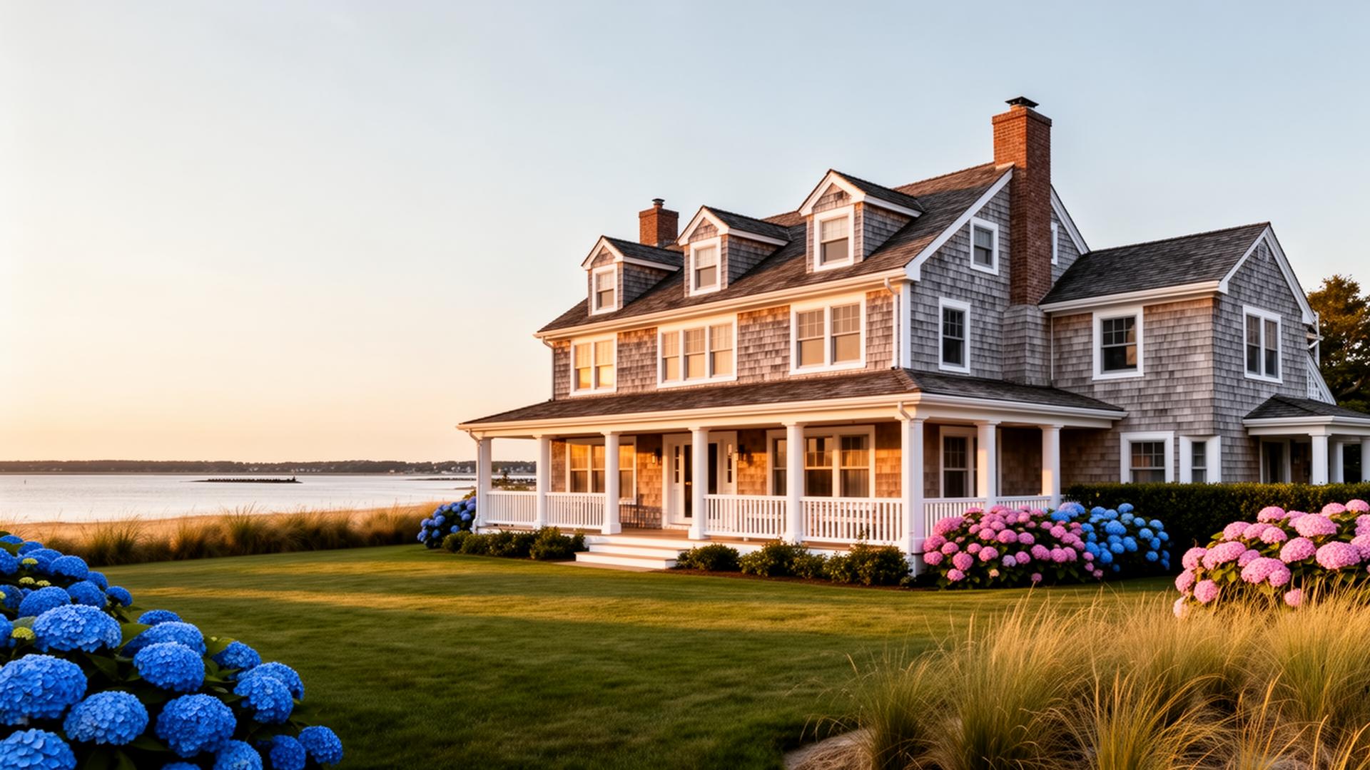 A Long Island shingle-style waterfront home at golden hour